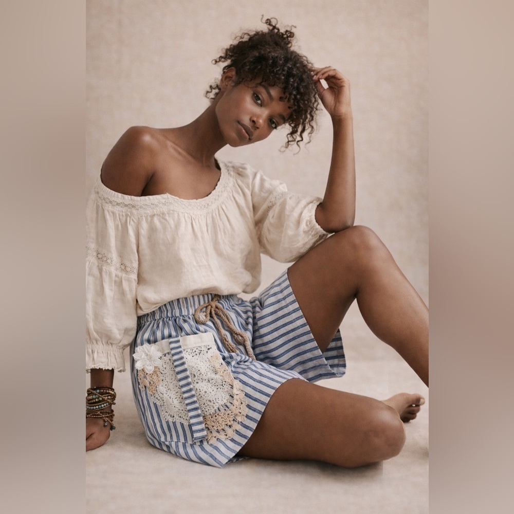 Blue Denim Ticking Shorts Crochet Lace Pocket | Boho Cottagecore S/M